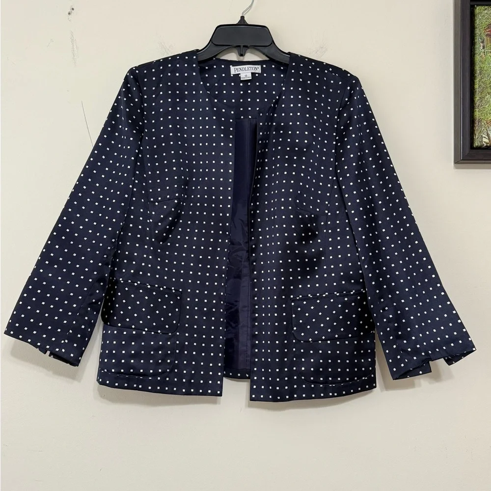 Pendleton Silk Blend Jacket Go Graphic Blazer Lightweight Pocket Navy Size 12
